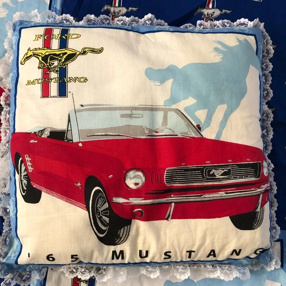 Mustang 1965 Homemade Coverlet Matching Pillow Blue Horse Car Logo